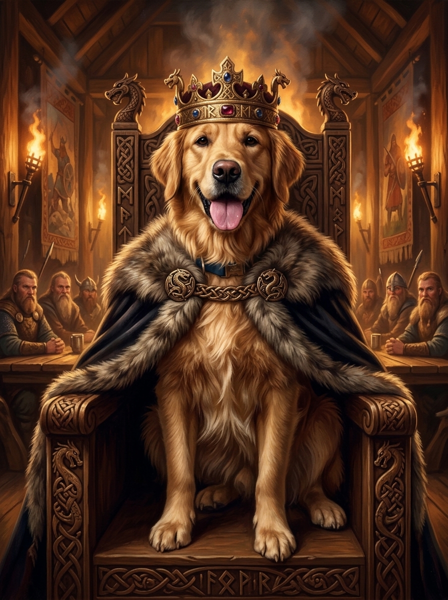 Golden retriever reimagined as a Viking King