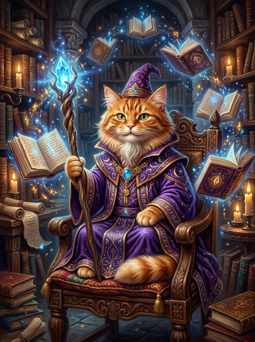 Cat reimagined as a wizard in a mystical library