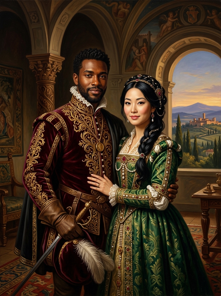 Couple reimagined as a Renaissance oil painting